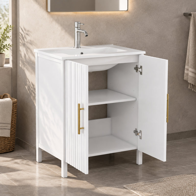 Ensemble meuble-lavabo moderne de 61,2 cm (24,09 pouces) avec lavabo, armoire blanche brillante ondulée, poignées dorées, tablette réglable, meuble de rangement autoportant