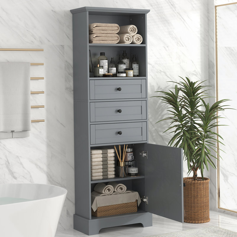 Grande armoire de rangement avec 3 tiroirs et tablettes réglables pour la salle de bain, Gris
