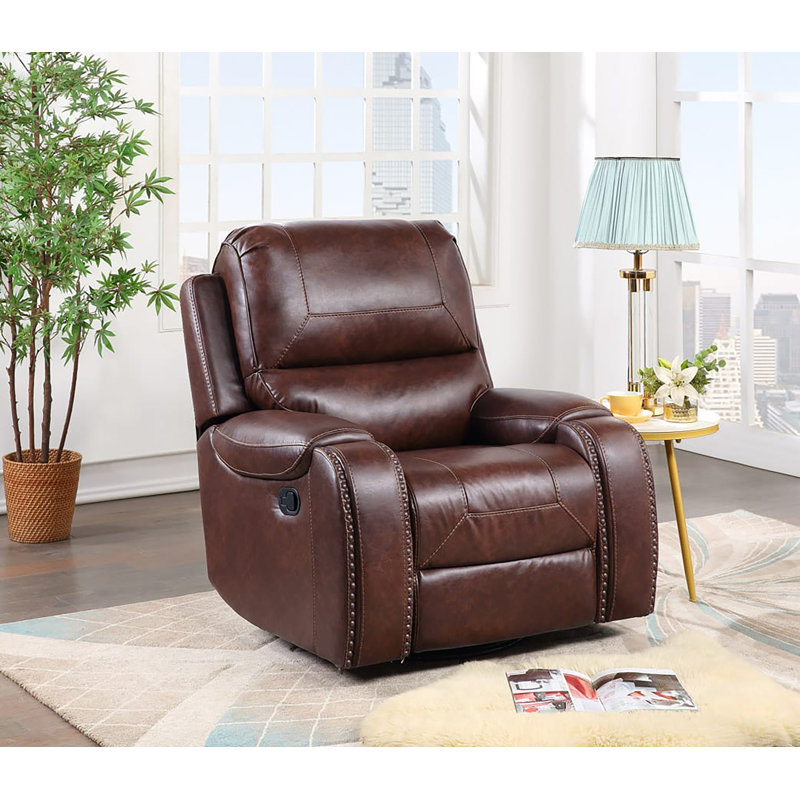 Manual Recliner + Rocking + Swivel Chair, Kalinda Brown Faux Leather