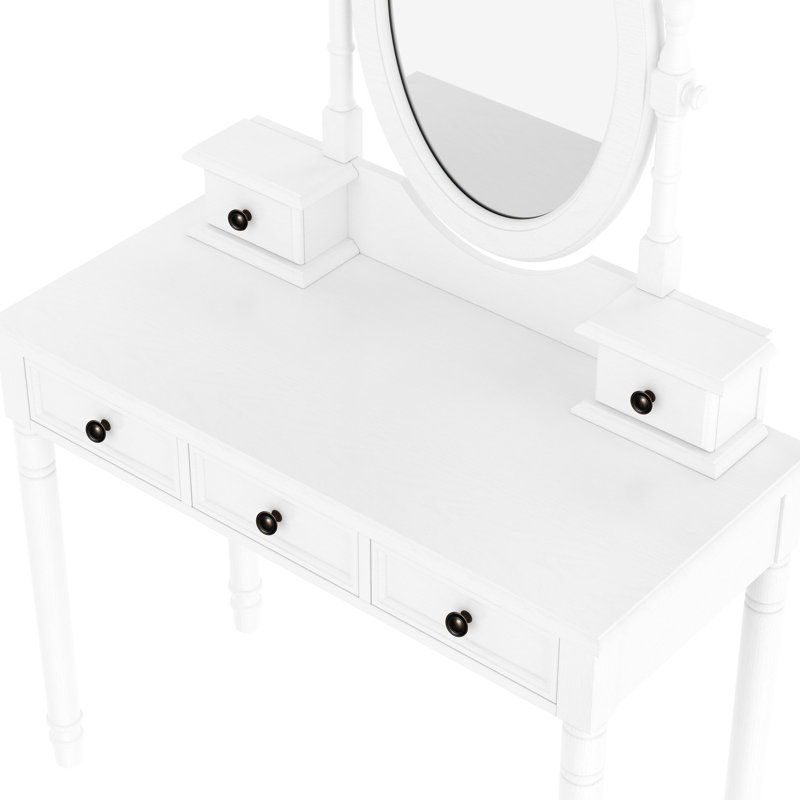 Bureau de coiffeuse rétro avec miroir ovale réglable à 180 degrés, 5 tiroirs et tabouret doux, table de maquillage en bois blanc doublée de velours