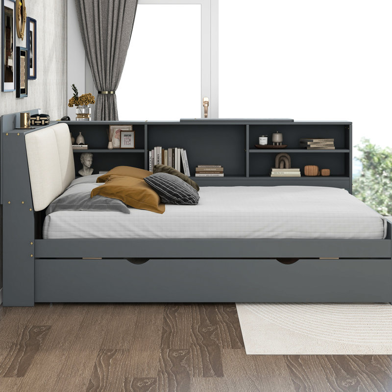 Lit double en bois gris avec lit gigogne, tête de lit et étagères rotatives