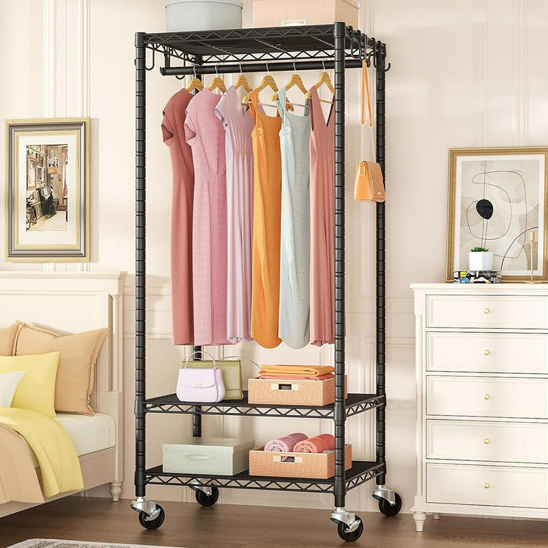Heavy Duty Black Rolling Garment Rack with Adjustable Shelves