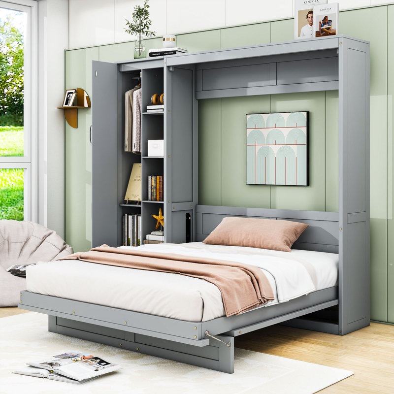 Lit escamotable double avec tablettes, garde-robe et lumières DEL, gris