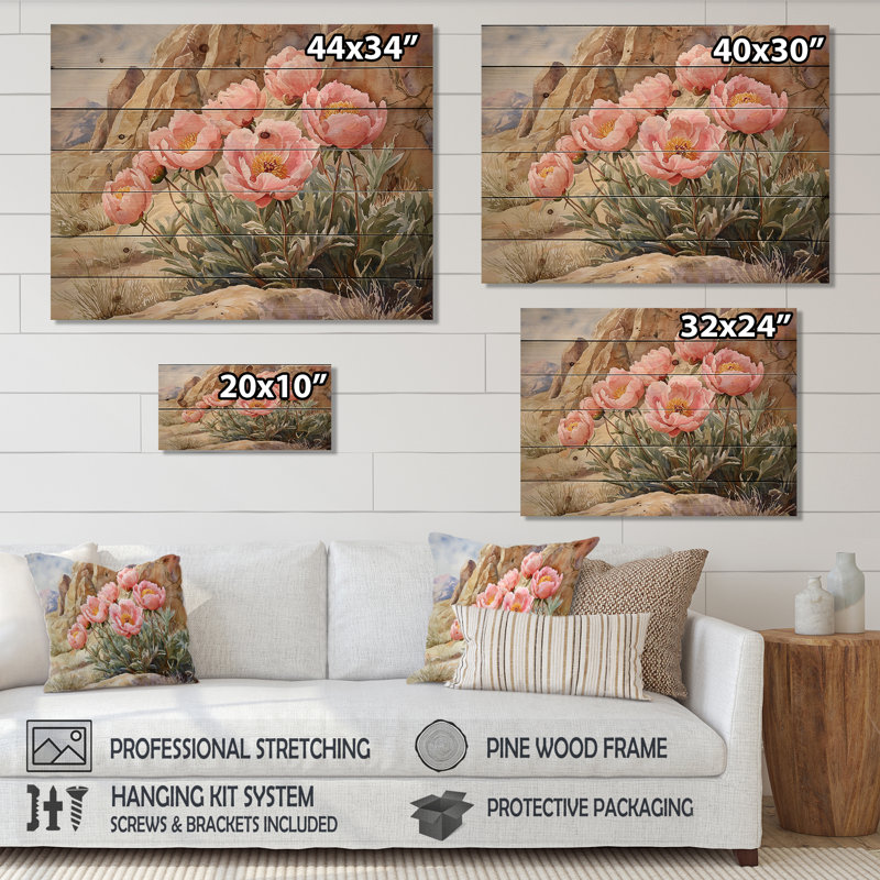Peonies In The Rocky Foothills I - Peonies Wood Wall Art - On Natural Pine Wood, 10" H x 20" W x 0.78" D