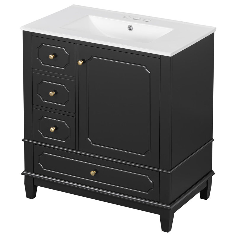 Meuble-lavabo de 30 po avec lavabo, meuble-lavabo autoportant noir avec lavabo en céramique, cadre en bois massif, porte et tiroirs à fermeture en douceur, panneau de fibres à densité moyenne peint et bois d'hévéa, tablettes de rangement incluses