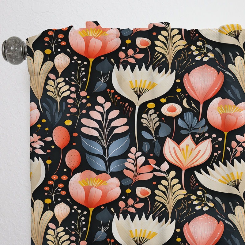 Feuilles multicolores botaniques sur motif noir I - Rideau bohémien - Velours obscurcissant - 1 panneau, L 52 po x L 95 po