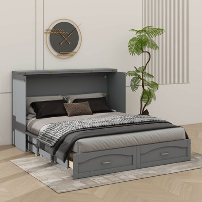 Grande armoire-lit escamotable en bois avec tiroir de rangement, ports USB et de chargement