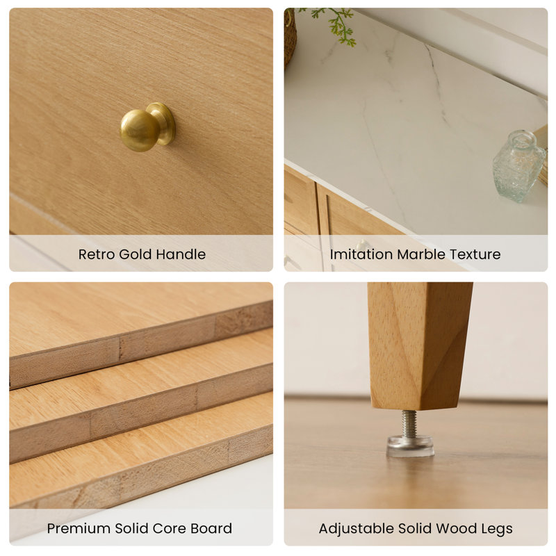 Natural Oak 6-Drawer Dresser with Faux Marble Top and Golden Handles