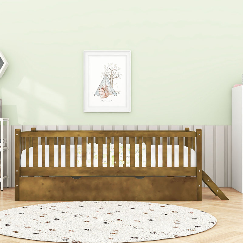 Twin Wooden Platform Bed With Semi-Enclosed Fence And Pull-Out Trundle, Walnut
