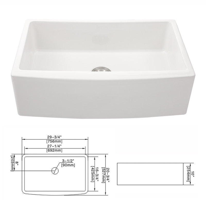 Évier de cuisine à cuve simple en céramique blanche à tablier frontal L 30 po x l 21 po