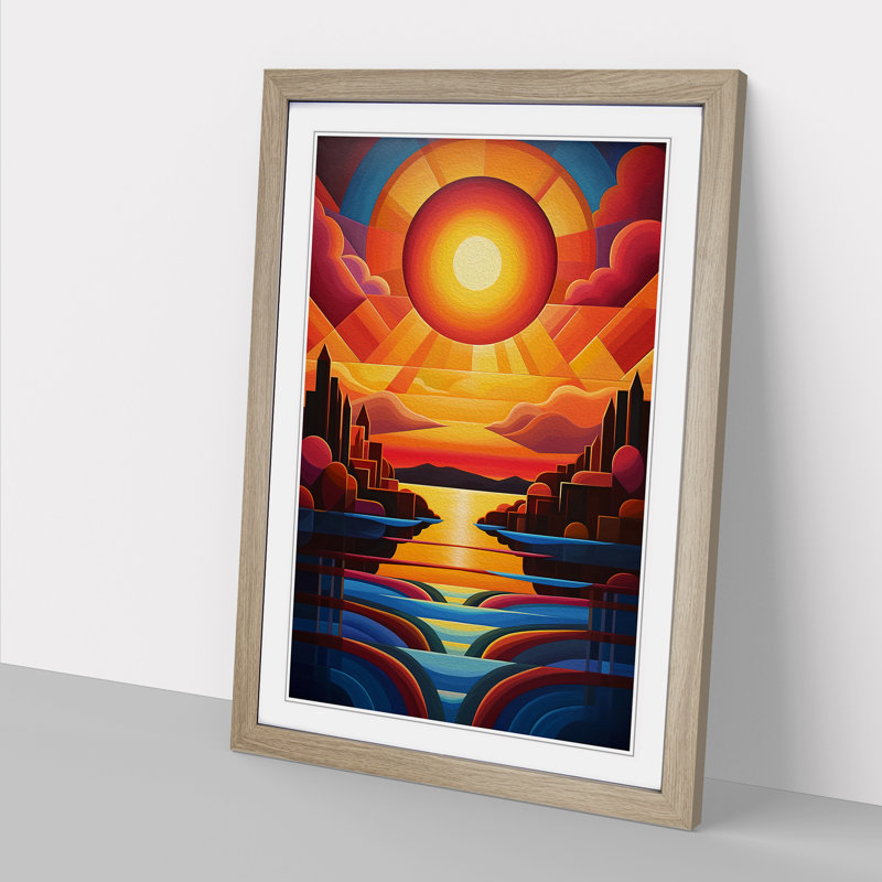 Art Deco Sunset Hard Edge Painting No.3 - Framed Print, Oak Framed, 34cm H x 25cm W