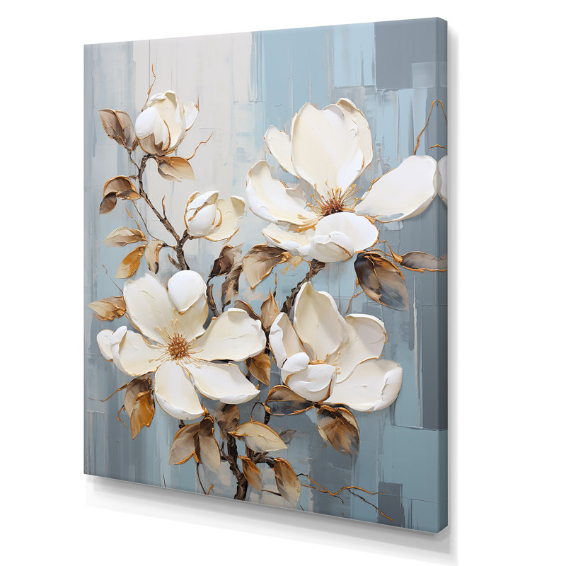 Minimalisme blanc et bleu Magnolias Florescence II sur toile, Toile tendue, H 44 po x l 34 po x P 1,5 po