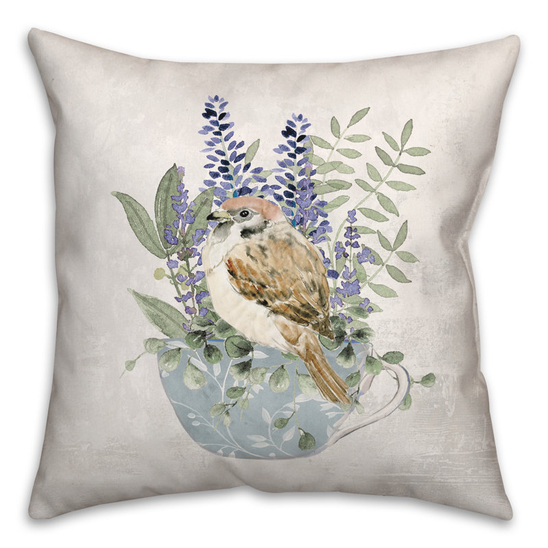 Floral Bird in Tea Cup Square Throw Pillow