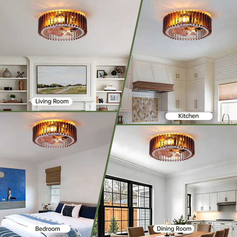 Ventilateur de plafond en bois 19,7 "avec lumière et télécommande encastré, plafonnier encastré 6 vitesses pour chambre à coucher