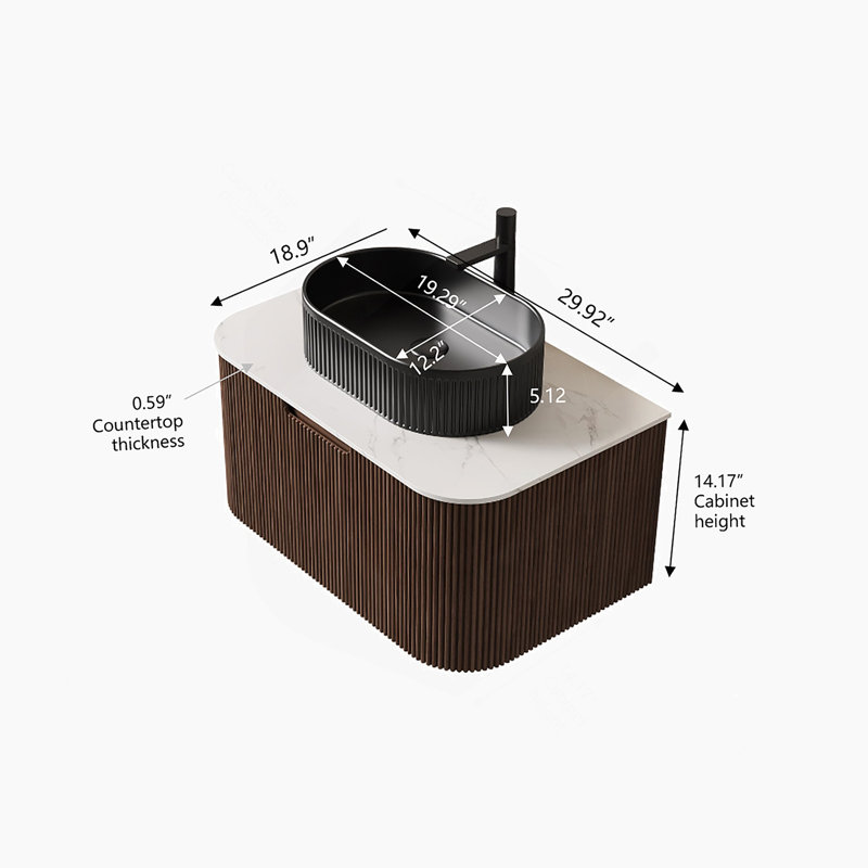 Meuble-lavabo de salle de bain 30 po avec lavabo, meuble-lavabo mural moderne à bords courbés et rayés avec tiroir, vasque en céramique noire, sans robinet, couleur grain de bois noyer foncé