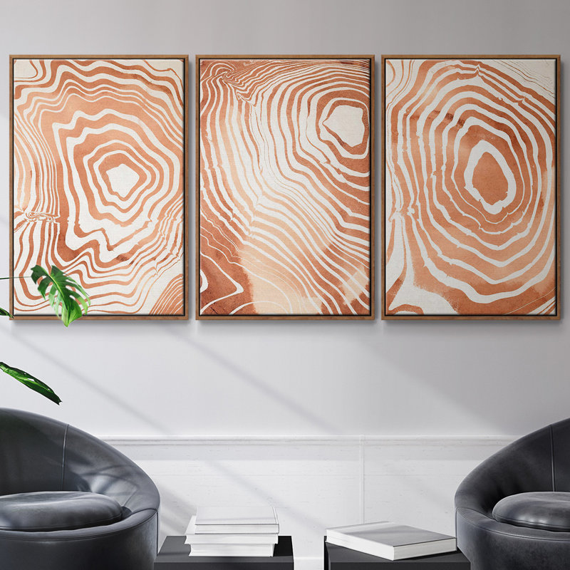 Ensemble de 3 pièces encadrées sur toile Suminagashi I à grain de bois, Noyer, H 27 po x l 54 po