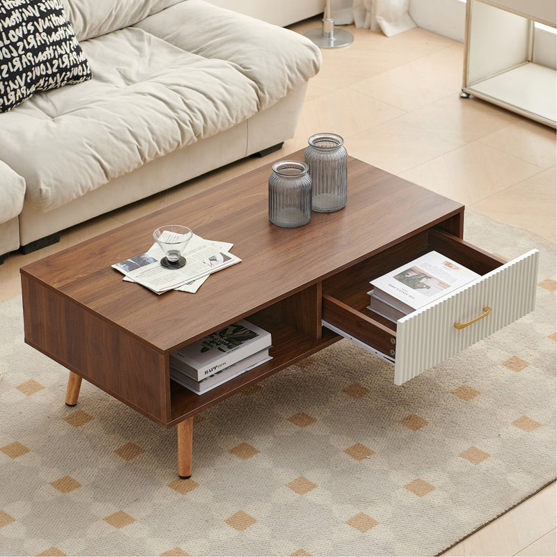 Table basse Boho avec pieds en bois massif et tiroir de rangement coulissant, Noyer/blanc