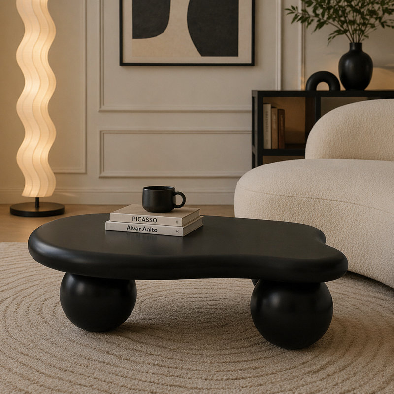 Table basse en forme de nuage, table basse avec 3 pieds sphériques pour le salon, Noir, H 11,70 po x L 40 po x l 26,8 po