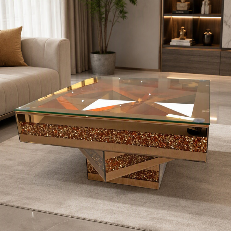 Table basse moderne à trois niveaux en verre miroir avec incrustations de faux diamants