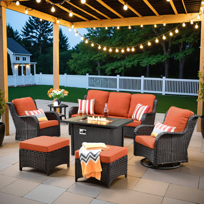 Ensemble de conversation pour foyer en osier / rotin pour 5 personnes avec chaises pivotantes et coussins Guillen