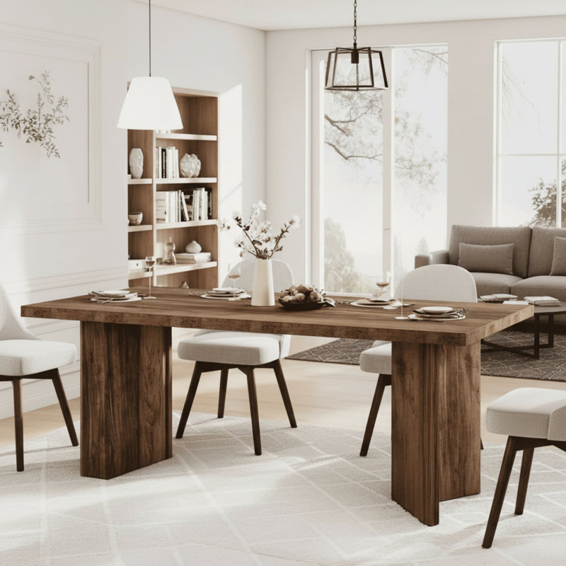 Table de salle à manger de style campagnard brun foncé, structure en bois, pouvant accueillir 4 à 6 personnes dans la cuisine.