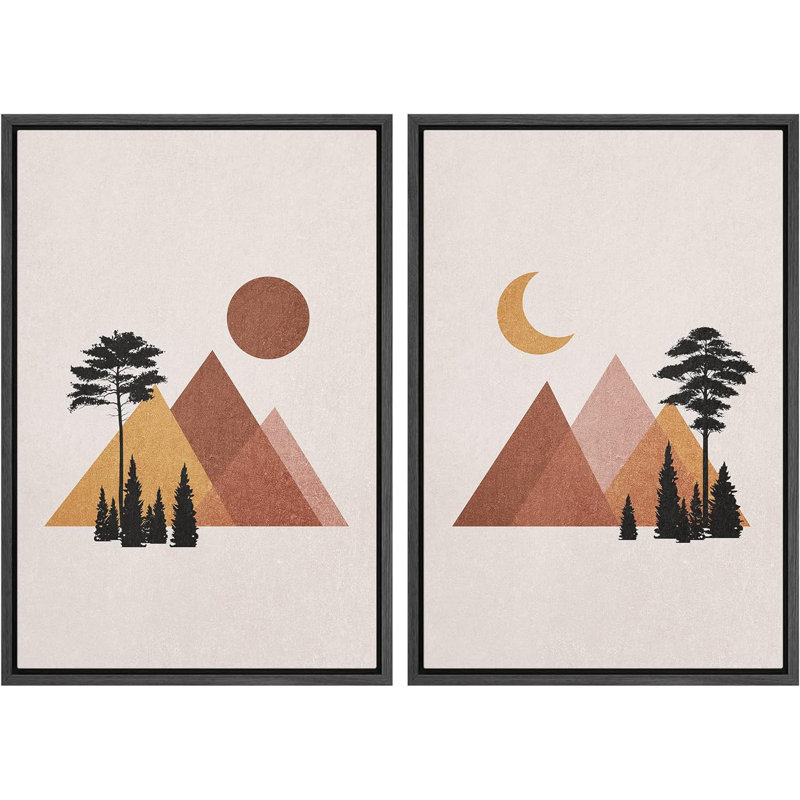 Soleil et lune, paysage de forêt, formes abstraites modernes sur toile, 2 pièces, H 24 po x l 32 po x P 1,5 po