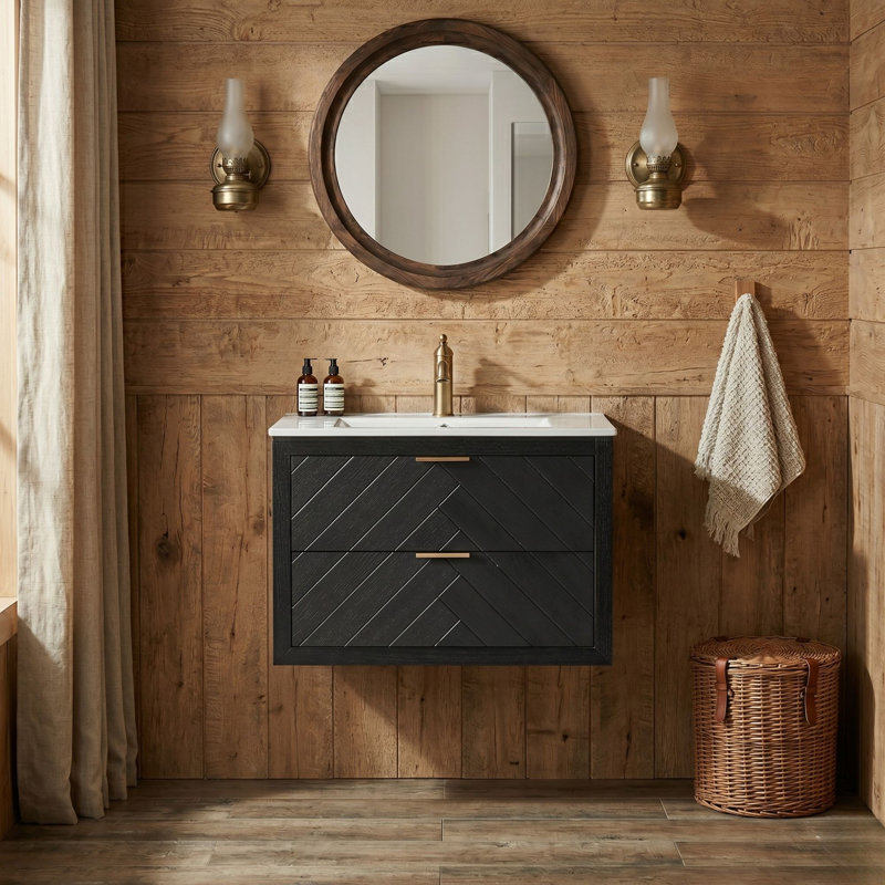 Meuble-lavabo mural simple 30 po avec tiroirs à chevrons texturés et lavabo en céramique intégré, noir