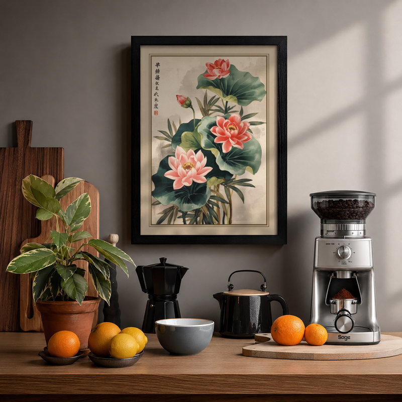 Lotus Flowers in Bloom Japandi - Framed Print, A2 - 59.4 x 42.0 cm, Black