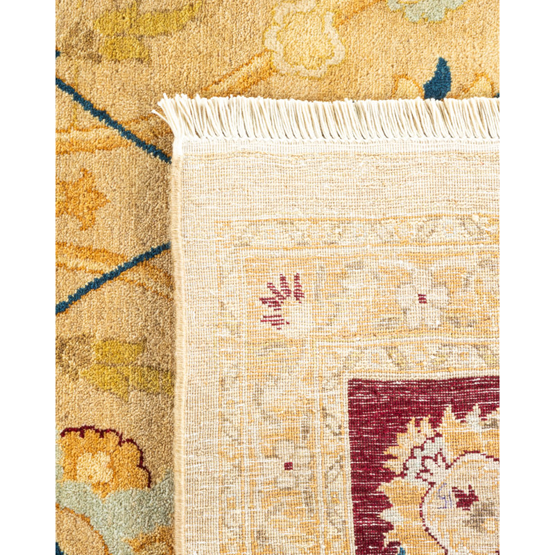 Tapis jaune / mauve / beige / bleu noué à la main de conception unique 8 pi 2 po x 10 pi 8 po Hayner