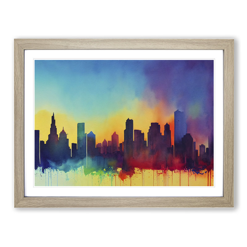 Watercolour City Skyline Vol.7 Abstract - Single Picture Frame Print, 34cm H x 46cm W x 2cm D, Oak Framed