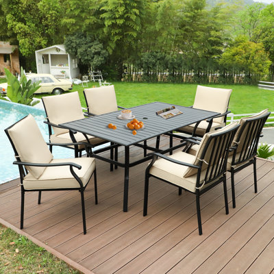 7-piece Outdoor Dining Set, 6 Dining Chairs With Cushions & Rectangular Metal Dining Table With Umbrella Hole, 6 - Person Rectangular Outdoor Dining Set With Cushions, Patio Furniture Set For Porch, Garden, Backyard, Deck, Black