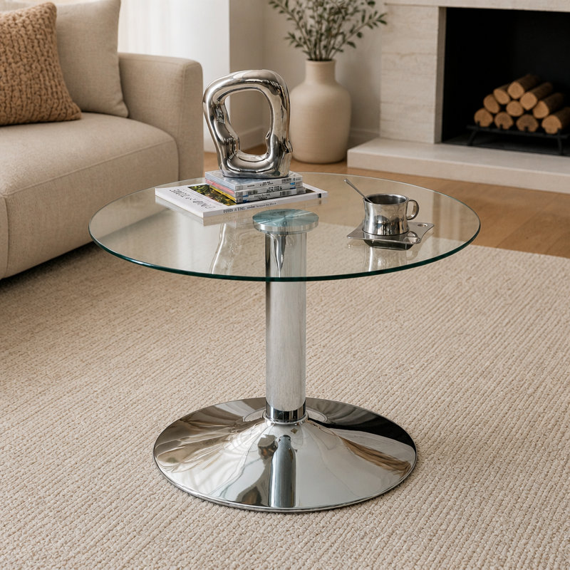 Table basse ronde en verre trempé avec base en métal argenté
