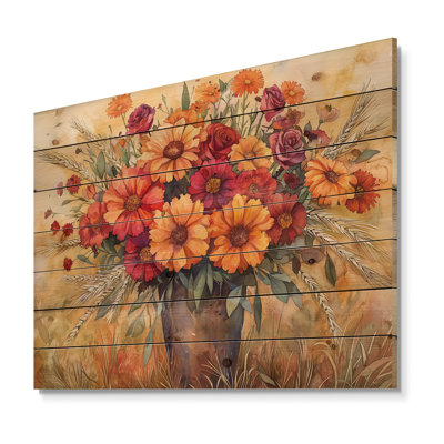 Golden Sunset Garden Blooms Of Mums I - impression de bois avec bouquets assortis - sur bois de pin naturel