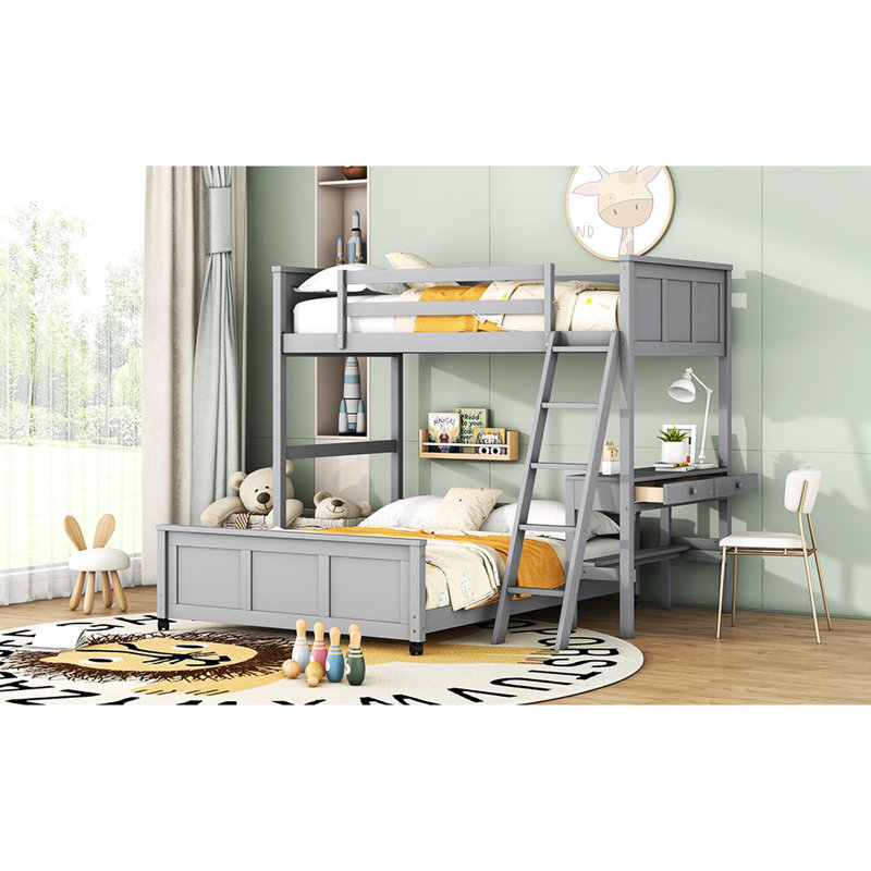 Lit superposé simple au-dessus d'un lit double avec bureau, abat-jour gris - bois massif et bureau polyvalent pour la chambre à coucher
