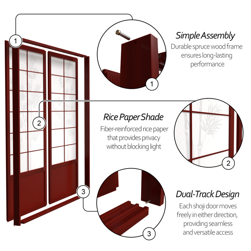 Keir 73.5" W x 83" H  Solid Wood Bamboo Tree Shoji Sliding Double Door Set, Rosewood