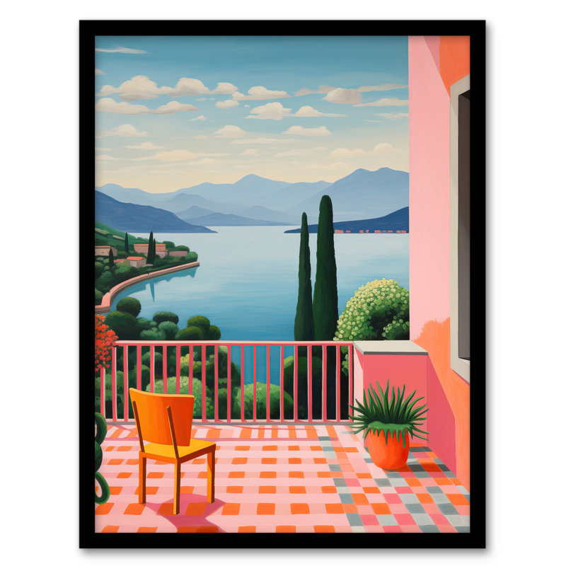 A Veranda In Italy Blue Pink Green Mediterranean - Single Picture Frame Print