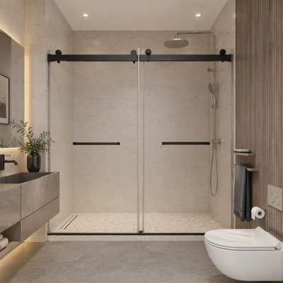 68-72 pouces * 76 pouces porte de douche coulissante double sans cadre à fermeture en douceur, porte en verre trempé épais de 3/8 po (10 mm), noir mat