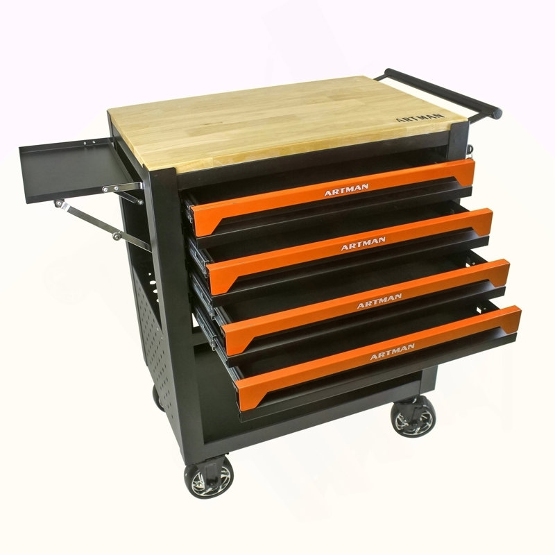 Chariot à outils multifonctionnel à 4 tiroirs avec roulettes et plateau en bois orange, Orange