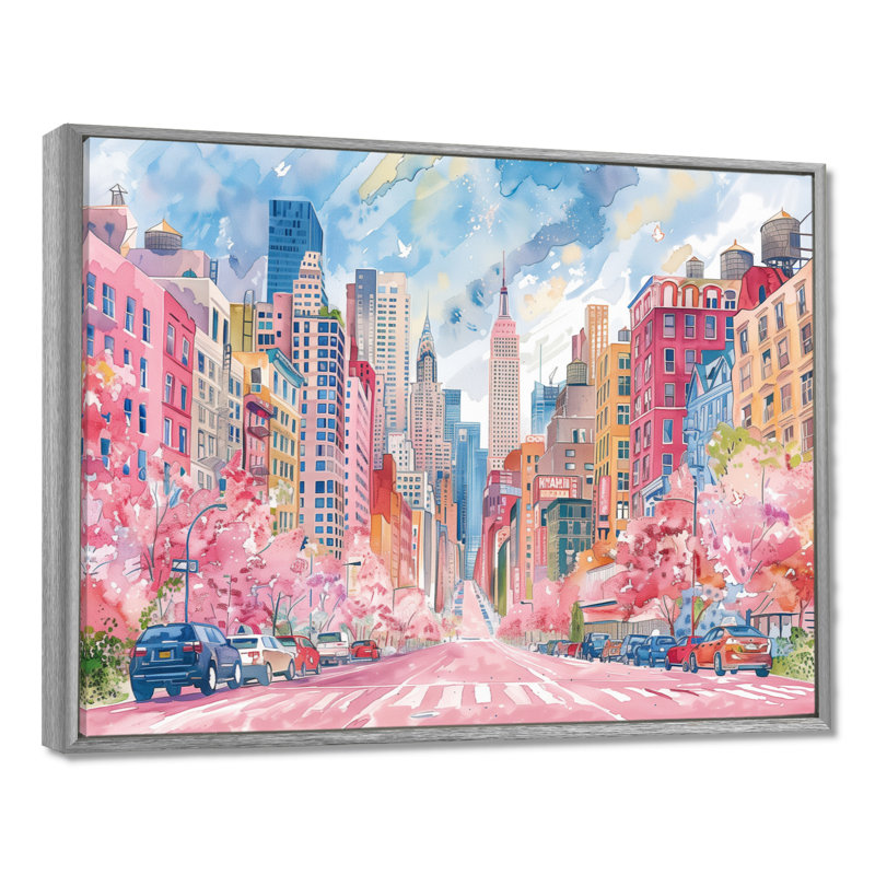 Rose, bleu, bâtiments de New York en été - salon d'art mural de New York, Encadrement argenté, H 30 po x l 40 po