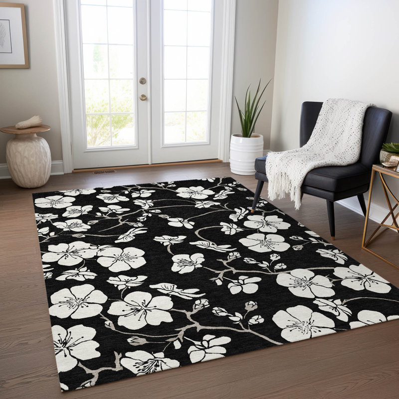 Black Floral Synthetic Rectangular Washable Rug 2'6" x 3'10"