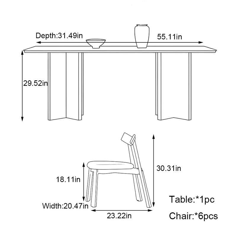 Ensemble de table de salle à manger en bois massif de style rétro français, H 29,52 po x L 55,11 po x l 31,49 po