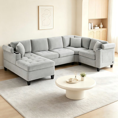 115.7" U-Shaped Sectional Sofa with Storage, Cup Holders & USB Ports
