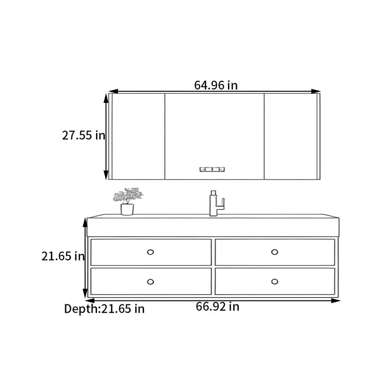 Middle ancient style intelligent bathroom cabinet, H 21,65 po x l 66,92 po x P 21,65 po, Burlywood