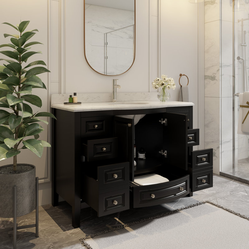 Mandilyn 48" Fully Assembled Single Sink Bathroom Vanity with Engineered Stone Top, Ceramic Sink, Hand Paint, Black
