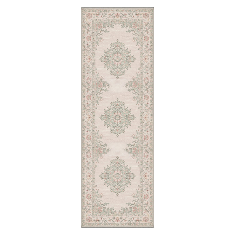 French Country Floral Medallion Area Rugs in Cream & Sage Green, Machine Washable, Inspired Faux Wool - High-Rebound Foam & Non-Slip Backing