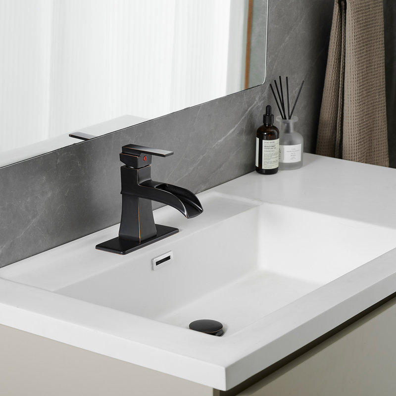 Robinet de salle de bain avec finition cascade, plaque de pont, bonde escamotable, conduites d'alimentation, poignée manuelle moderne