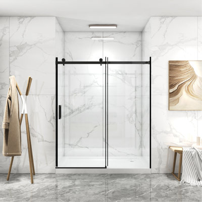 Porte de douche sans cadre de 56 à 60 po x H 70 po, porte de douche coulissante, avec cabine de douche en verre trempé épais de 5/16 po (8 mm) de qualité supérieure, couche facile à nettoyer à double face, avec tampon