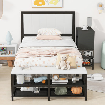 Metal Platform Bed with Two-Tier Storage Shelves and Wooden Storage Cabinet, Combining Durability, Comfort, and Ample Storage Solutions by Ebern Designs