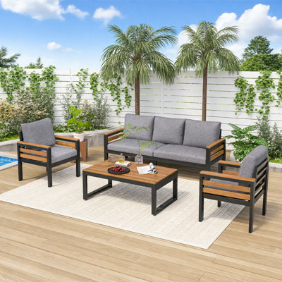 Ensemble de canapé d'extérieur 4 pièces pour 5 personnes avec accoudoirs en bois d'acacia, ensemble de conversation pour patio avec coussin amovible et table basse en bois massif pour le jardin, gris