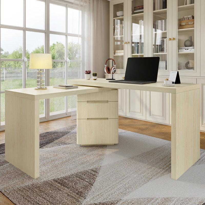 Bureau moderne en L avec 3 tiroirs, Natural Wood